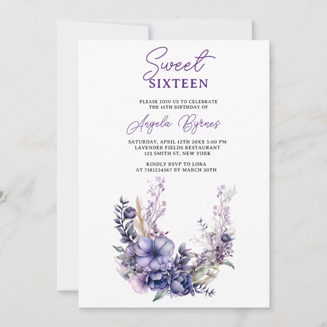 Invitación Elegante Morado Floral Dulce Cumpleaños (Anverso)