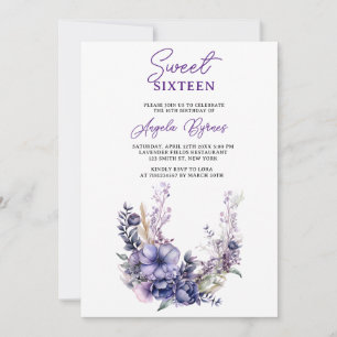 Invitación Elegante Morado Floral Dulce Cumpleaños