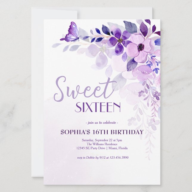 Invitación Elegante Morado Floral Dulce Dieciséis (Anverso)