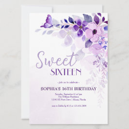Invitación Elegante Morado Floral Dulce Dieciséis