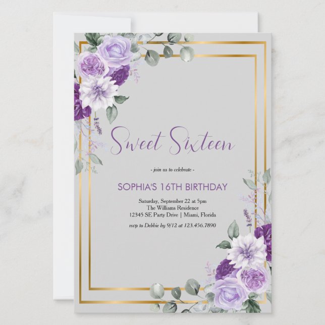Invitación Elegante Morado Floral Dulce Dieciséis Acentos De  (Anverso)