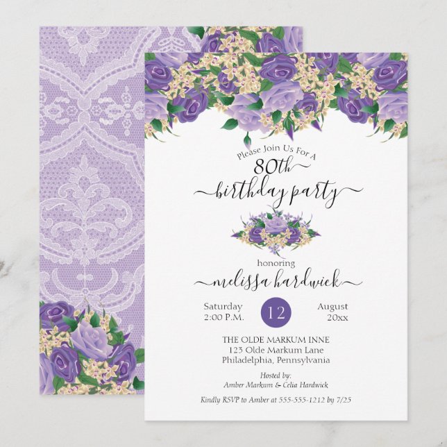 Invitación Elegante Morado Floral | Fiesta de cumpleaños 80 d (Anverso / Reverso)
