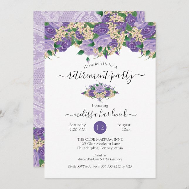 Invitación Elegante Morado Floral | Fiesta de Jubilación de L (Anverso / Reverso)