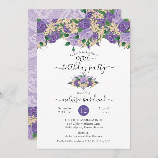 Invitación Elegante Morado Floral | Fiesta por el cumpleaños  (Anverso / Reverso)