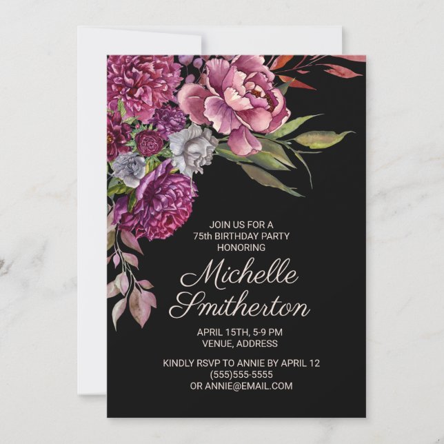 Invitación Elegante morado floral negro 75 cumpleaños (Anverso)