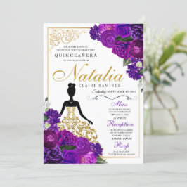 Invitación Elegante Morado Floral Quinceanera Cumpleaños