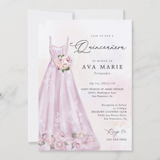 Invitación Elegante Morado Floral Quinceañera Cumpleaños (Anverso)
