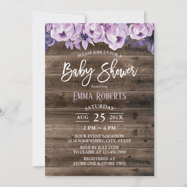 Invitación Elegante morado floral Rustic Barn Baby Shower (Anverso)