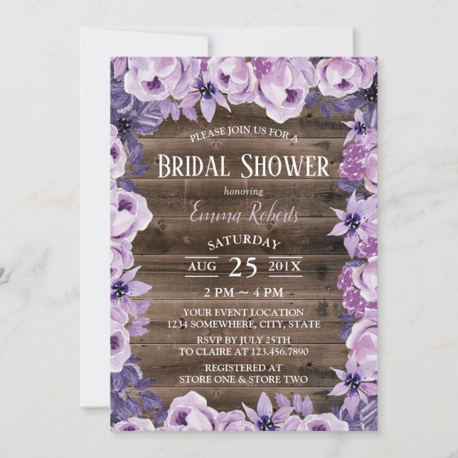 Invitación Elegante Morado Floral Rústica Barn Bridal Ducha (Anverso)