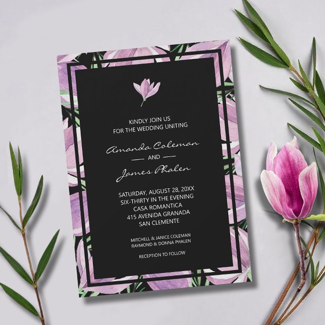 Invitación Elegante morado floral sobre Boda negro (Elegant purple and white magnolias square wedding invitations - INSTANT DOWNLOAD and/or PRINTED)