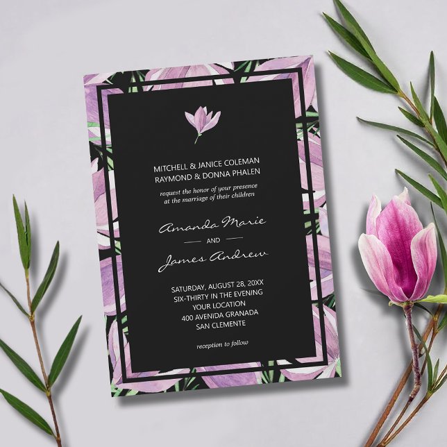 Invitación Elegante morado floral sobre Boda negro (Elegant purple and white magnolia border wedding invitations - INSTANT DOWNLOAD and/or PRINTED)