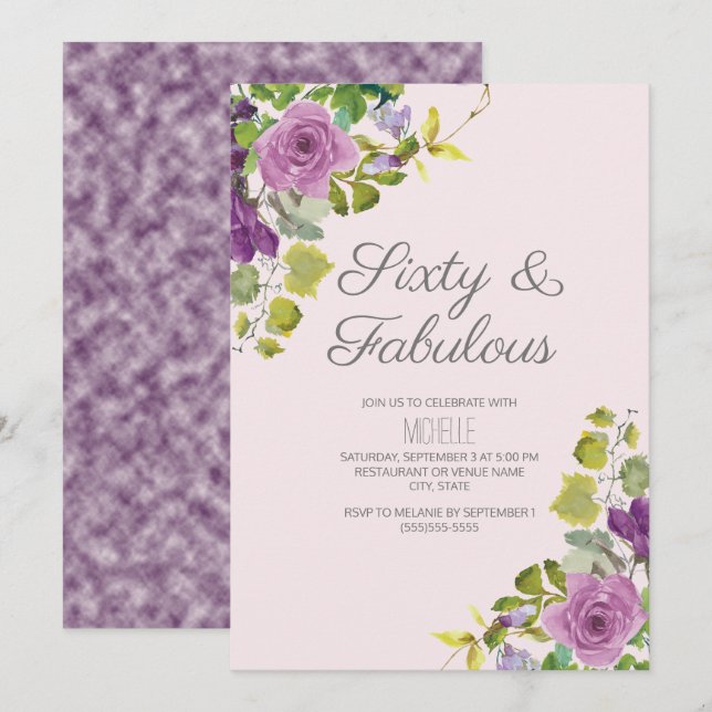 Invitación Elegante Morado Floral Verde Vines 60 cumpleaños (Anverso / Reverso)