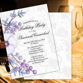 Invitación Elegante Morado Floral Wreath Damask Cumpleaños