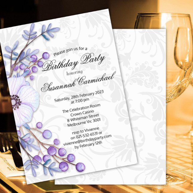 Invitación Elegante Morado Floral Wreath Damask Cumpleaños (Subido por el creador)