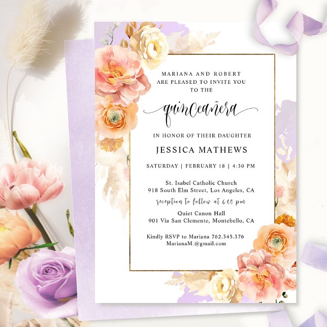Invitación Elegante, morado floral y acuarela Quinceañera (Subido por el creador)