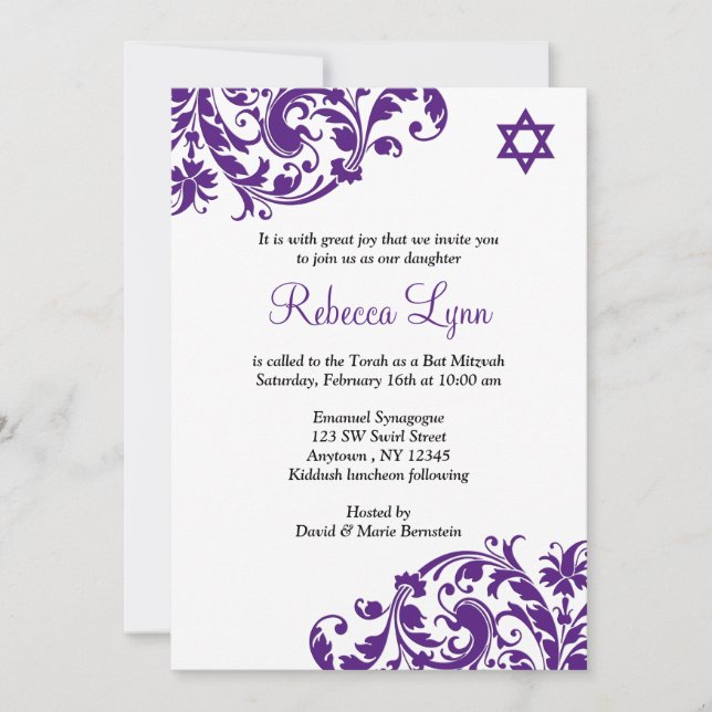 Invitación Elegante Morado Flourish Bat Mitzvah (Anverso)