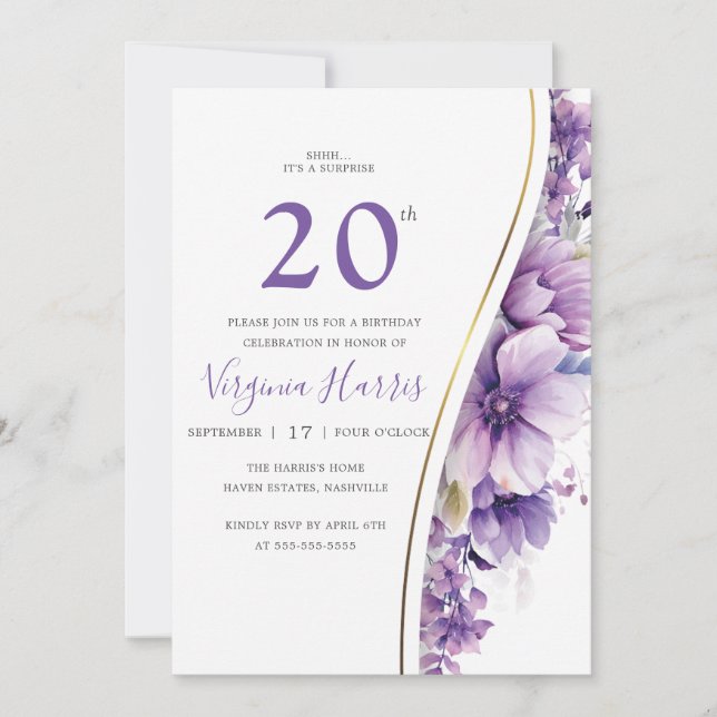 Invitación Elegante morado follaje Veinte cumpleaños (Anverso)