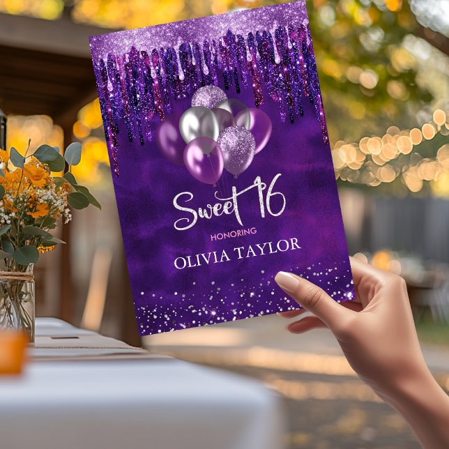 Invitación Elegante morado gotea globos purpurinas dulce 16 (Subido por el creador)