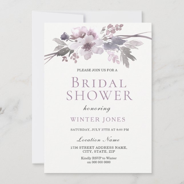 Invitación Elegante Morado Gris Flores De Invierno Bridal Sho (Anverso)