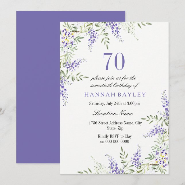 Invitación Elegante morado Lavanda 70 cumpleaños Invite (Anverso / Reverso)