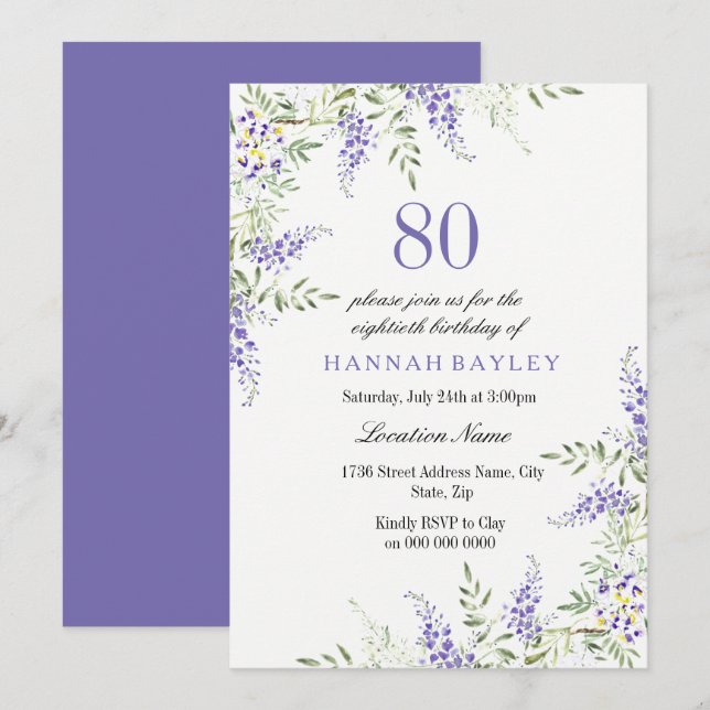 Invitación Elegante morado Lavanda 80 cumpleaños Invite (Anverso / Reverso)