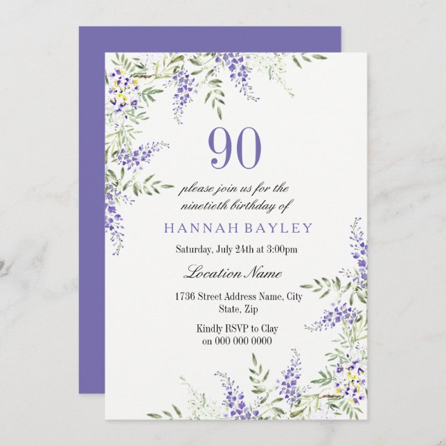 Invitación Elegante morado Lavanda 90 cumpleaños Invite (Anverso / Reverso)
