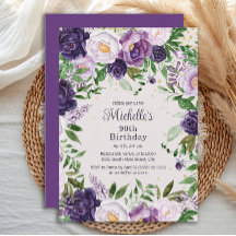 Elegante Morado Lavanda Floral 90 cumpleaños