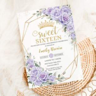 Invitación Elegante Morado Lavanda Floral Dulce Dieciséis