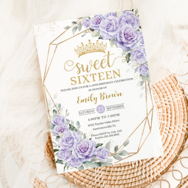 Invitación Elegante Morado Lavanda Floral Dulce Dieciséis (Subido por el creador)