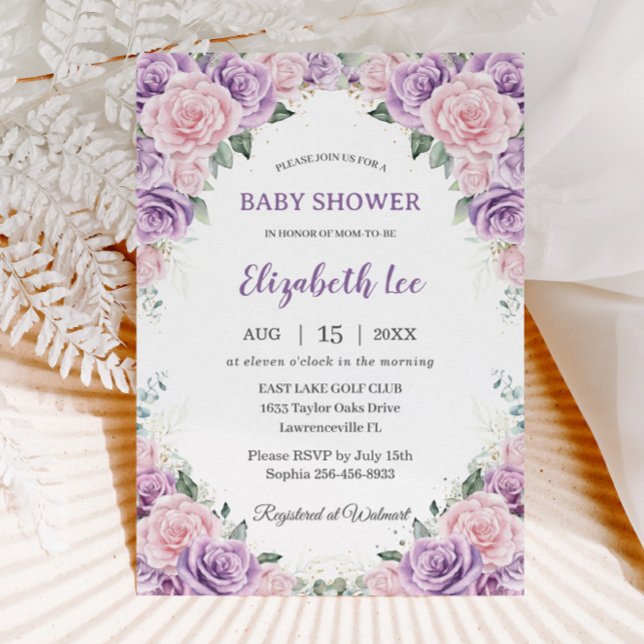 Invitación Elegante morado Lilac Floral rosa Baby Shower (Subido por el creador)