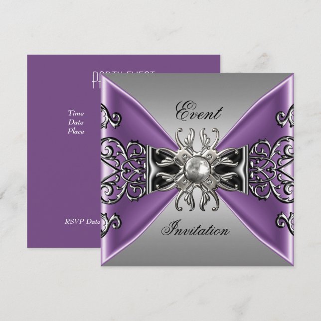 Invitación elegante morado malva joya plata negro (Anverso / Reverso)