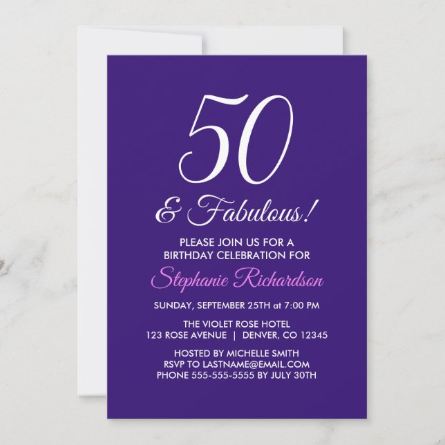 Invitación Elegante morado Minimalista 50 y fabuloso cumpleañ (Anverso)