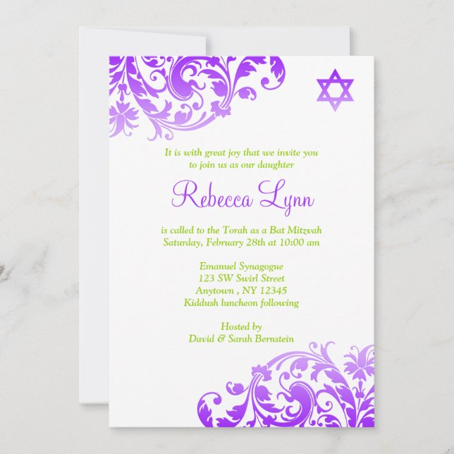 Invitación Elegante Morado Ombre Flourish Bat Mitzvah (Anverso)