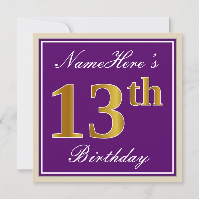 Invitación Elegante, morado, oro falso 13 cumpleaños + nombre (Anverso)