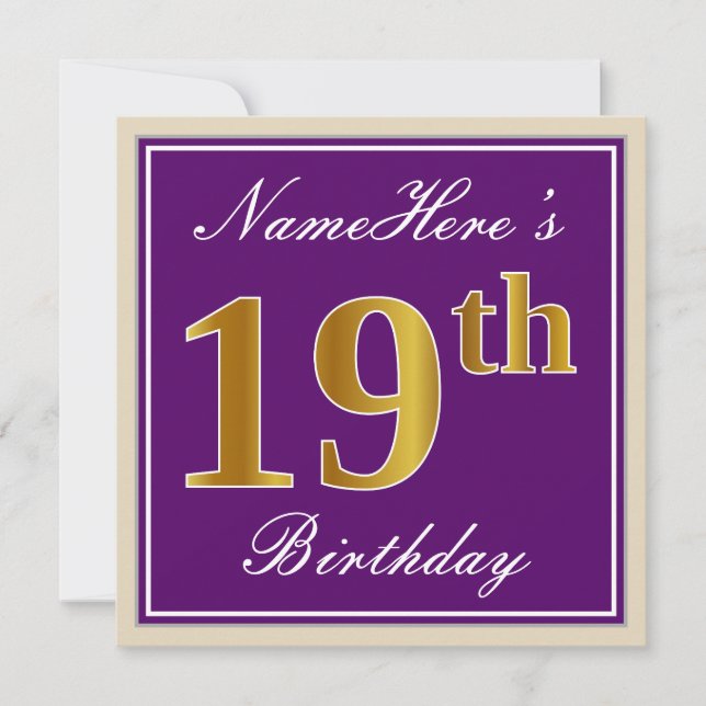 Invitación Elegante, morado, oro falso 19 cumpleaños + nombre (Anverso)