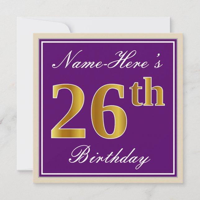 Invitación Elegante, morado, oro falso 26 cumpleaños + nombre (Anverso)