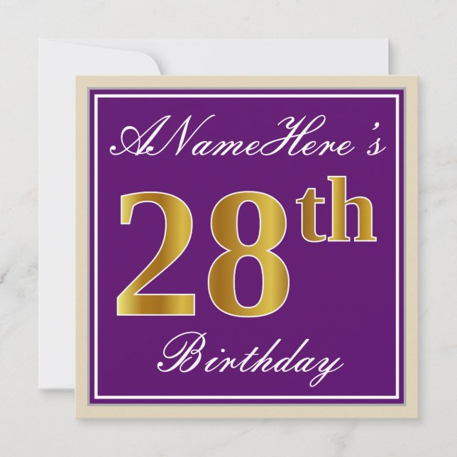Invitación Elegante, morado, oro falso 28 cumpleaños + nombre (Anverso)