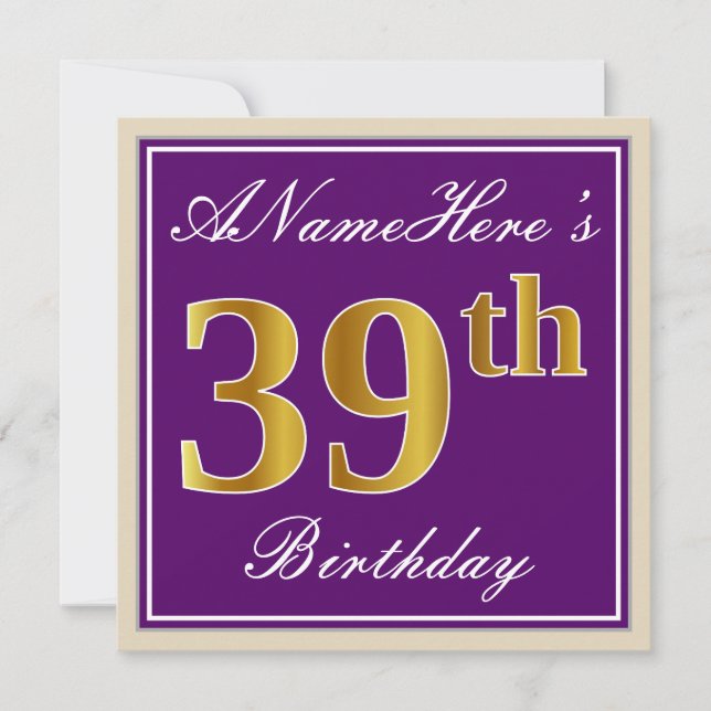 Invitación Elegante, morado, oro falso 39 cumpleaños + nombre (Anverso)