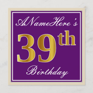 Invitación Elegante, morado, oro falso 39 cumpleaños + nombre