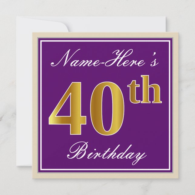 Invitación Elegante, morado, oro falso 40 cumpleaños + nombre (Anverso)