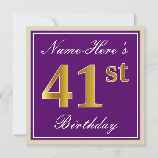 Invitación Elegante, morado, oro falso 41 cumpleaños + nombre (Anverso)