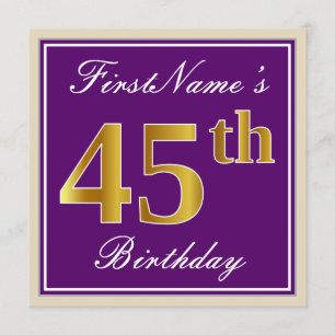 Invitación Elegante, morado, oro falso 45 cumpleaños + nombre