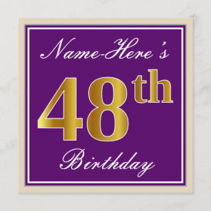 Invitación Elegante, morado, oro falso 48 cumpleaños + nombre
