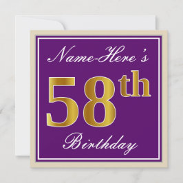Invitación Elegante, morado, oro falso 58 cumpleaños + nombre