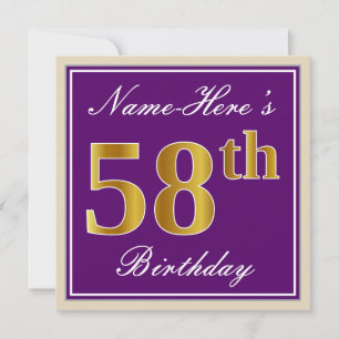 Invitación Elegante, morado, oro falso 58 cumpleaños + nombre