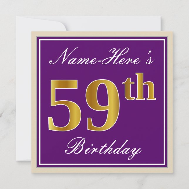 Invitación Elegante, morado, oro falso 59 cumpleaños + nombre (Anverso)