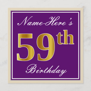 Invitación Elegante, morado, oro falso 59 cumpleaños + nombre