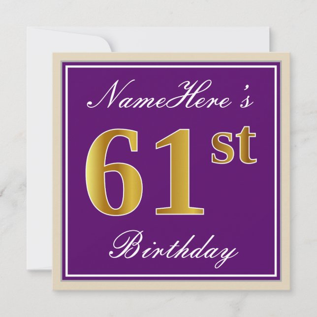 Invitación Elegante, morado, oro falso 61 cumpleaños + nombre (Anverso)