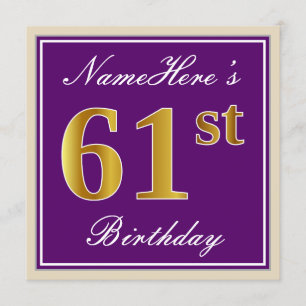 Invitación Elegante, morado, oro falso 61 cumpleaños + nombre
