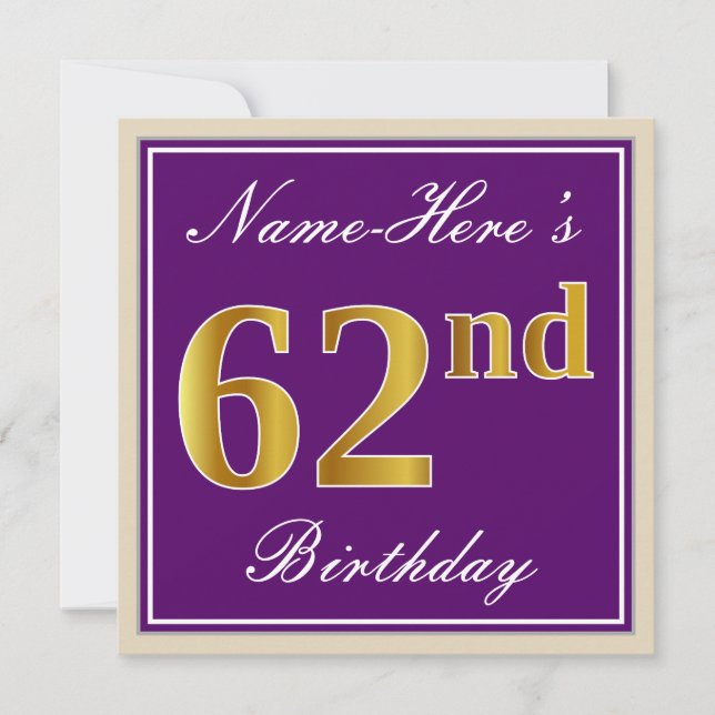 Invitación Elegante, morado, oro falso 62 cumpleaños + nombre (Anverso)